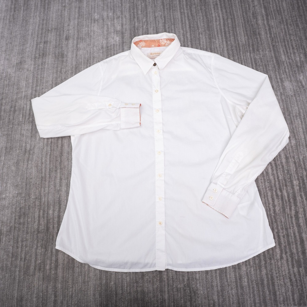 Barbour Parceval Shirt Women 12 White Excellent Floral Trim Cotton Blend LSH0934